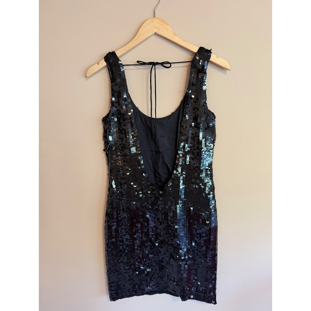 Club Monaco Black Sequin Mini Dress Low Back Tie Sleeveless Party Cocktail 2 - Picture 3 of 5